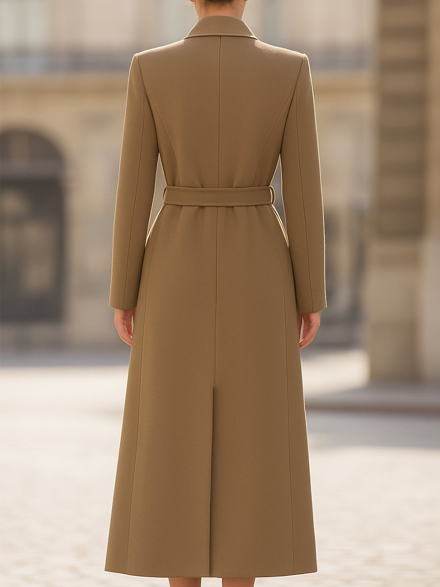 Camel Belted Tailored Long Wool Coat by Unlimited Selections