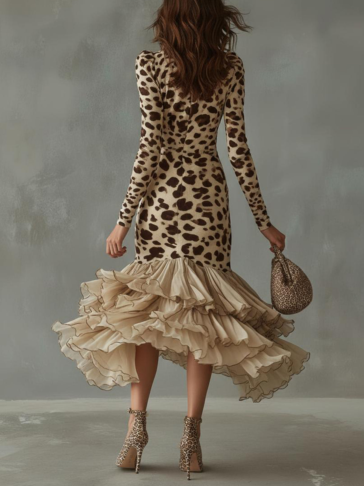 Leopard Print Ruffle High Low Midi Dress by Unlimited Selections