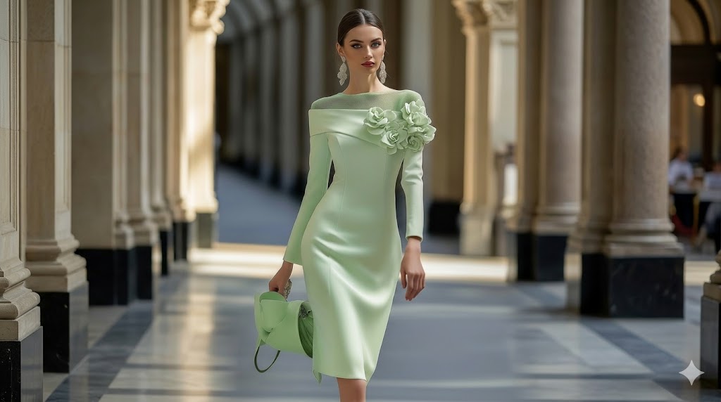 Woman in a light green dress walking through an architectural hallway.