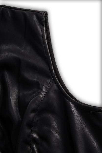 Black Faux Leather Zip Front Romper by Unlimited Selections