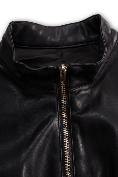 Black Faux Leather Zip Front Romper by Unlimited Selections