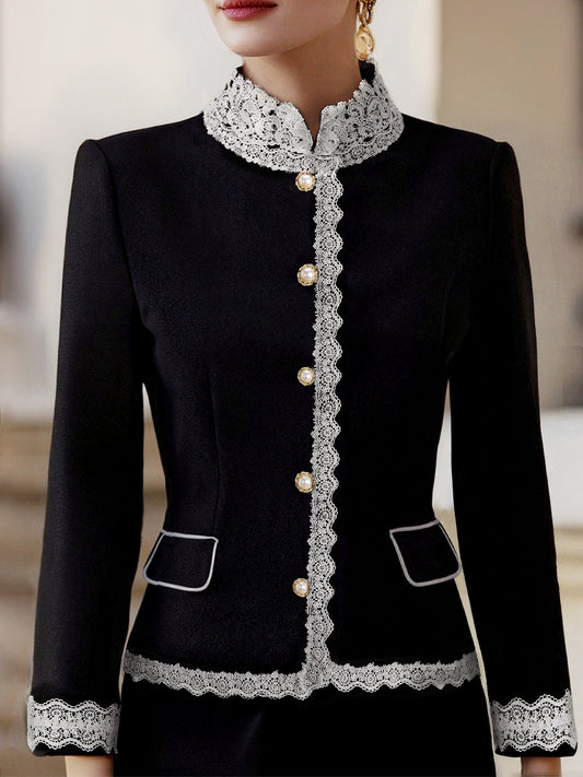 Black Lace Trim Pearl Button Blazer by Unlimited Selections