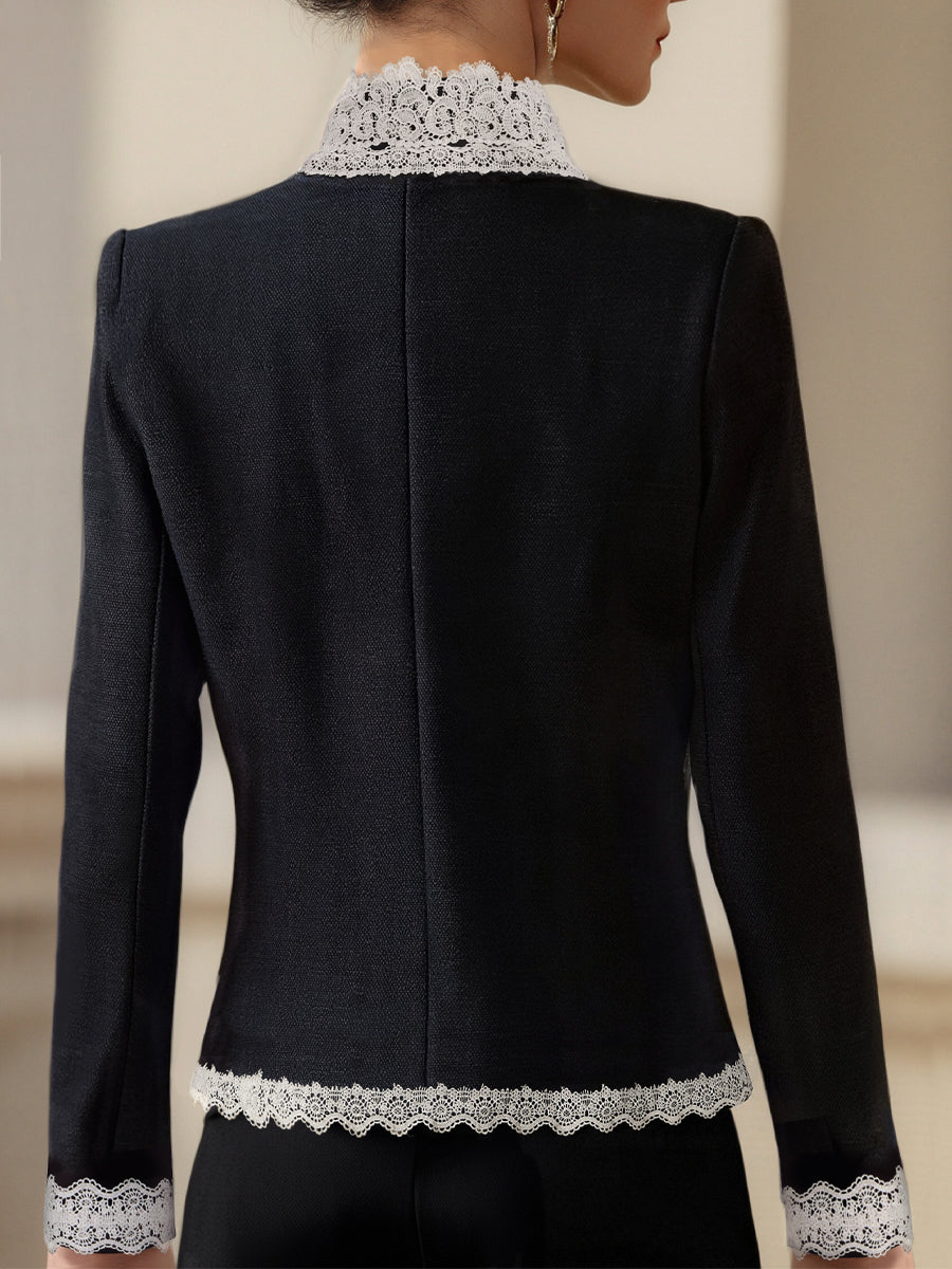 Black Lace Trim Pearl Button Blazer by Unlimited Selections