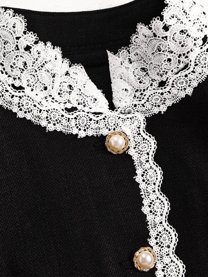 Black Lace Trim Pearl Button Blazer by Unlimited Selections