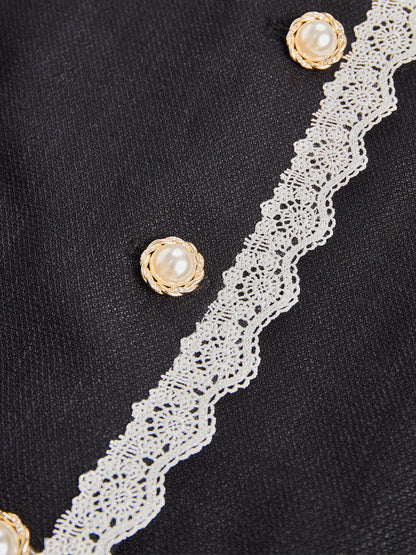 Black Lace Trim Pearl Button Blazer by Unlimited Selections
