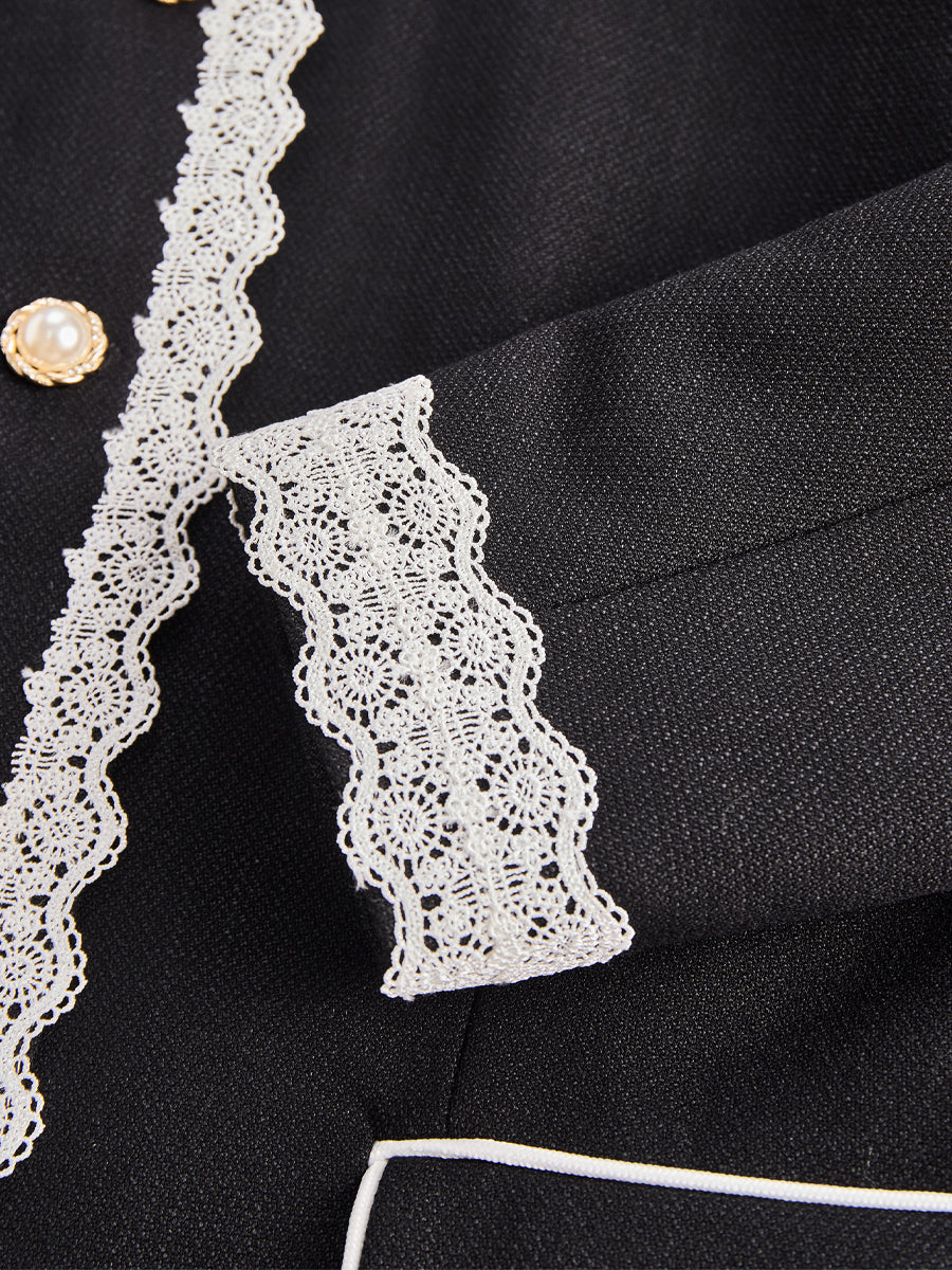 Black Lace Trim Pearl Button Blazer by Unlimited Selections