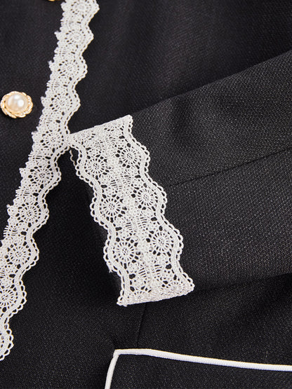 Black Lace Trim Pearl Button Blazer by Unlimited Selections