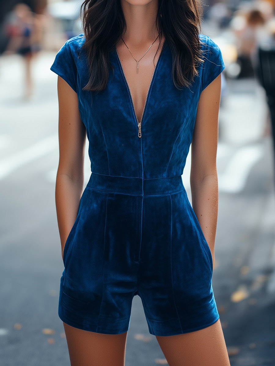 Blue Velvet Zip Front Short Romper by Unlimited Selections