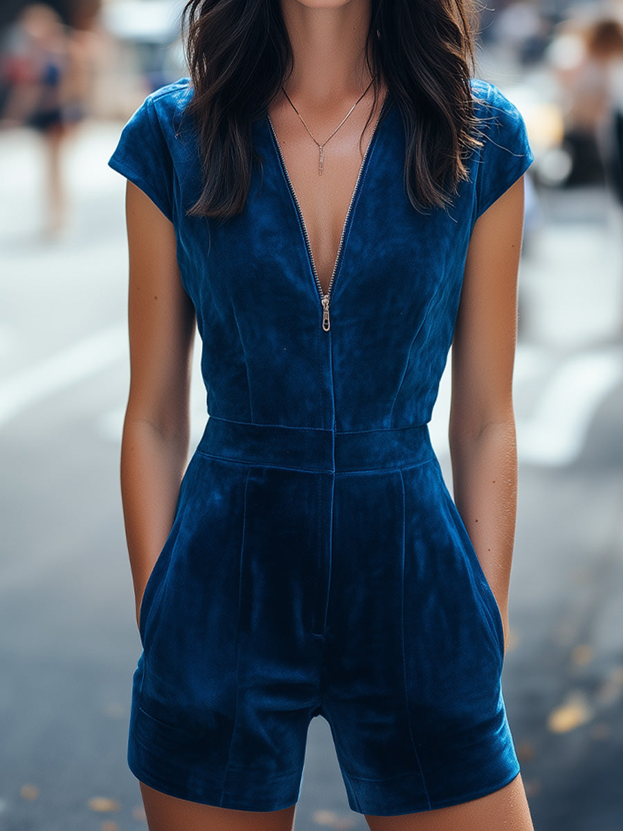 Blue Velvet Zip Front Short Romper by Unlimited Selections