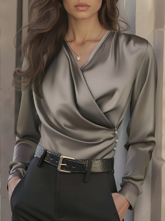 Brown Silky Satin Wrap Front V-Neck Blouse by Unlimited Selections