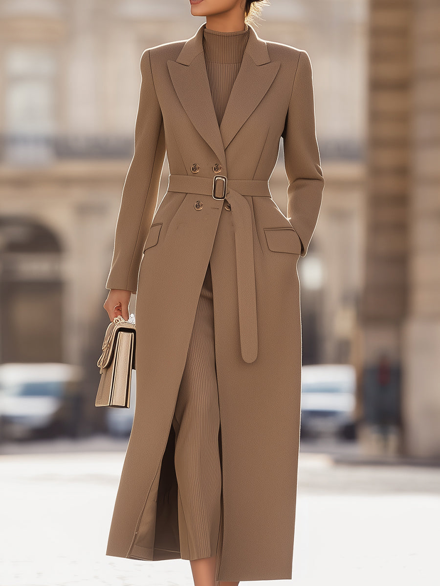 Camel Belted Tailored Long Wool Coat by Unlimited Selections