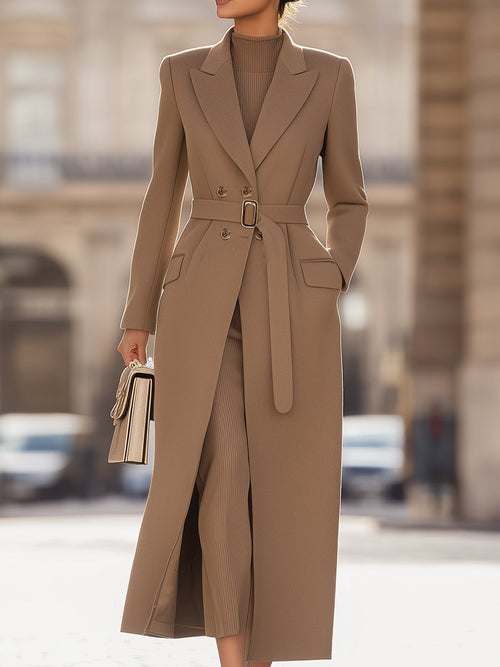 Camel Belted Tailored Long Wool Coat by Unlimited Selections