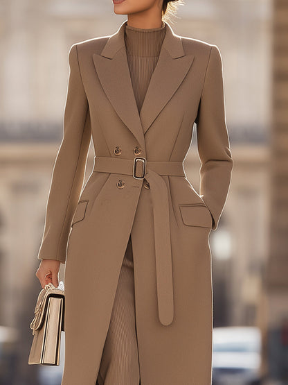 Camel Belted Tailored Long Wool Coat by Unlimited Selections