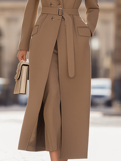 Camel Belted Tailored Long Wool Coat by Unlimited Selections