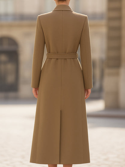 Camel Belted Tailored Long Wool Coat by Unlimited Selections