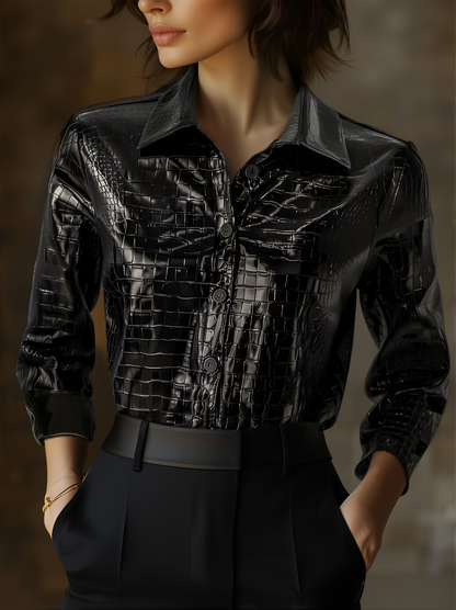 Glossy Black Croc Embossed Shirt by Unlimited Selections