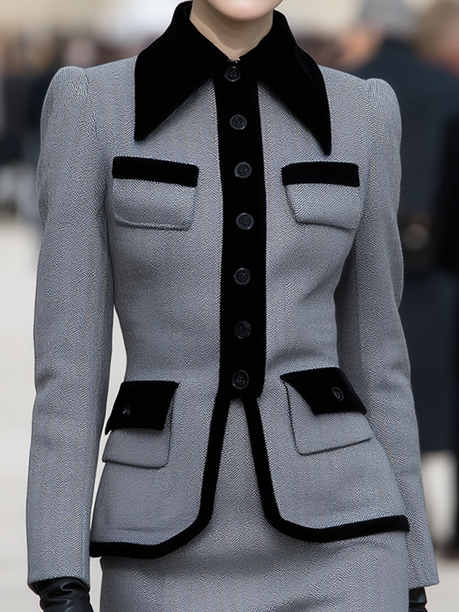 Gray Herringbone Black Trim Blazer Skirt Set by Unlimited Selections