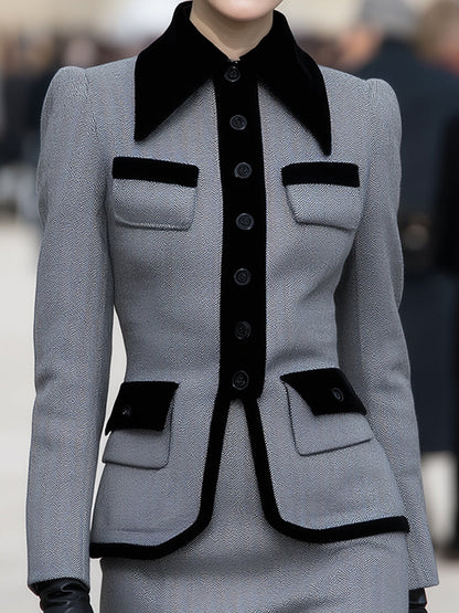Gray Herringbone Black Trim Blazer Skirt Set by Unlimited Selections