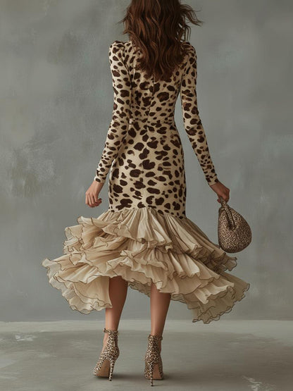 Leopard Print Ruffle High Low Midi Dress by Unlimited Selections