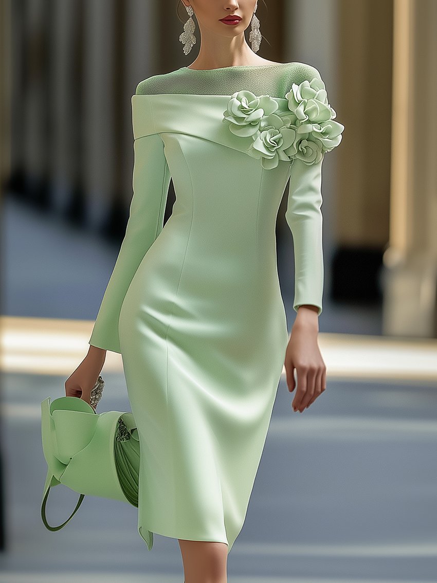 Mint Green 3D Floral Mesh Midi Pencil Dress by Unlimited Selections