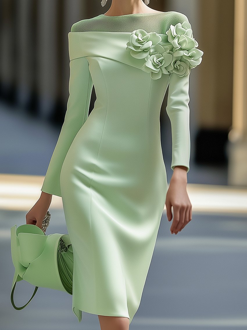 Mint Green 3D Floral Mesh Midi Pencil Dress by Unlimited Selections