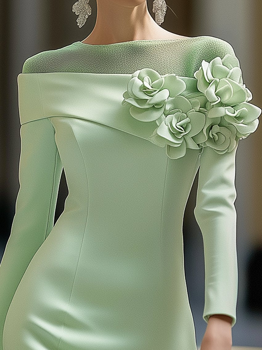 Mint Green 3D Floral Mesh Midi Pencil Dress by Unlimited Selections