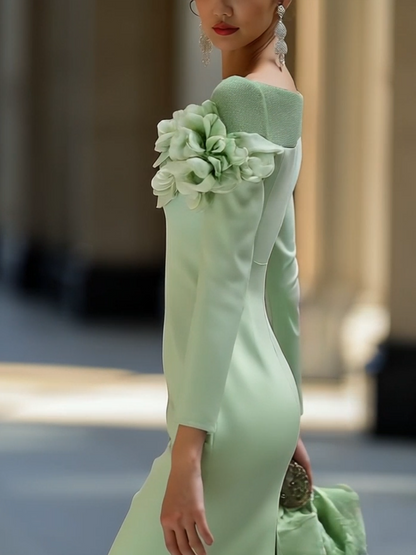 Mint Green 3D Floral Mesh Midi Pencil Dress by Unlimited Selections