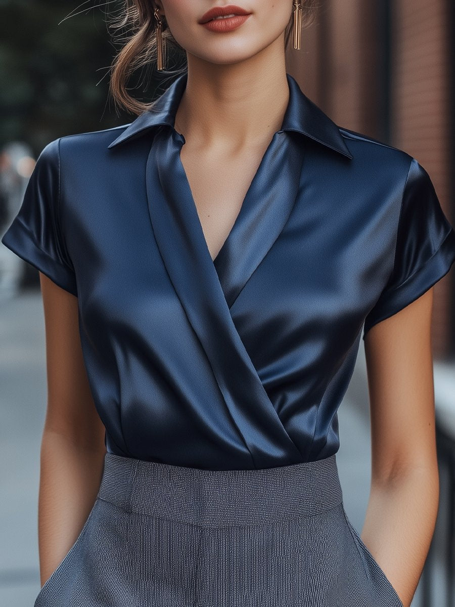 Navy Satin Short Sleeve Wrap Blouse by Unlimited Selections