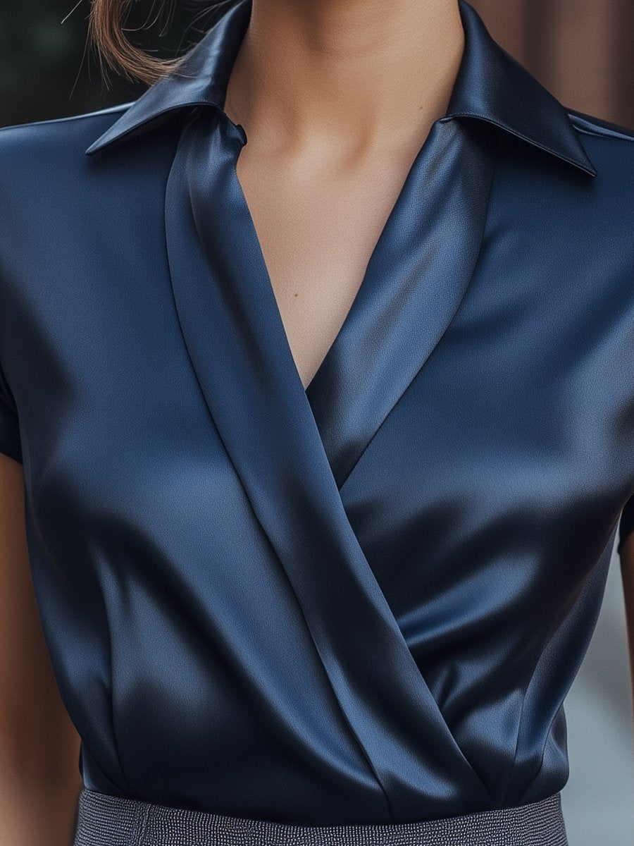 Navy Satin Short Sleeve Wrap Blouse by Unlimited Selections