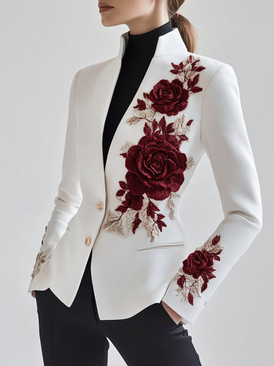 White Red Rose Embroidery Blazer by Unlimited Selections