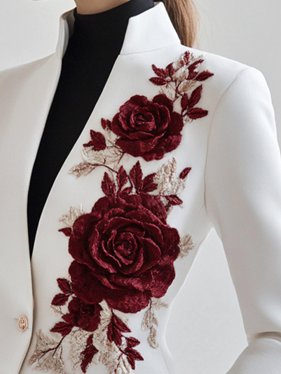 White Red Rose Embroidery Blazer by Unlimited Selections