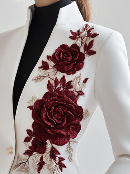 White Red Rose Embroidery Blazer by Unlimited Selections