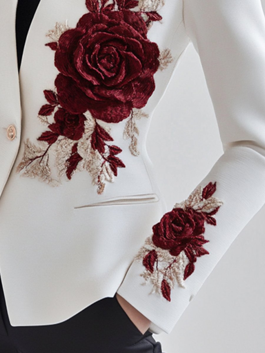 White Red Rose Embroidery Blazer by Unlimited Selections