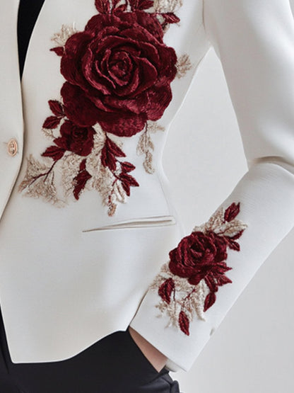 White Red Rose Embroidery Blazer by Unlimited Selections