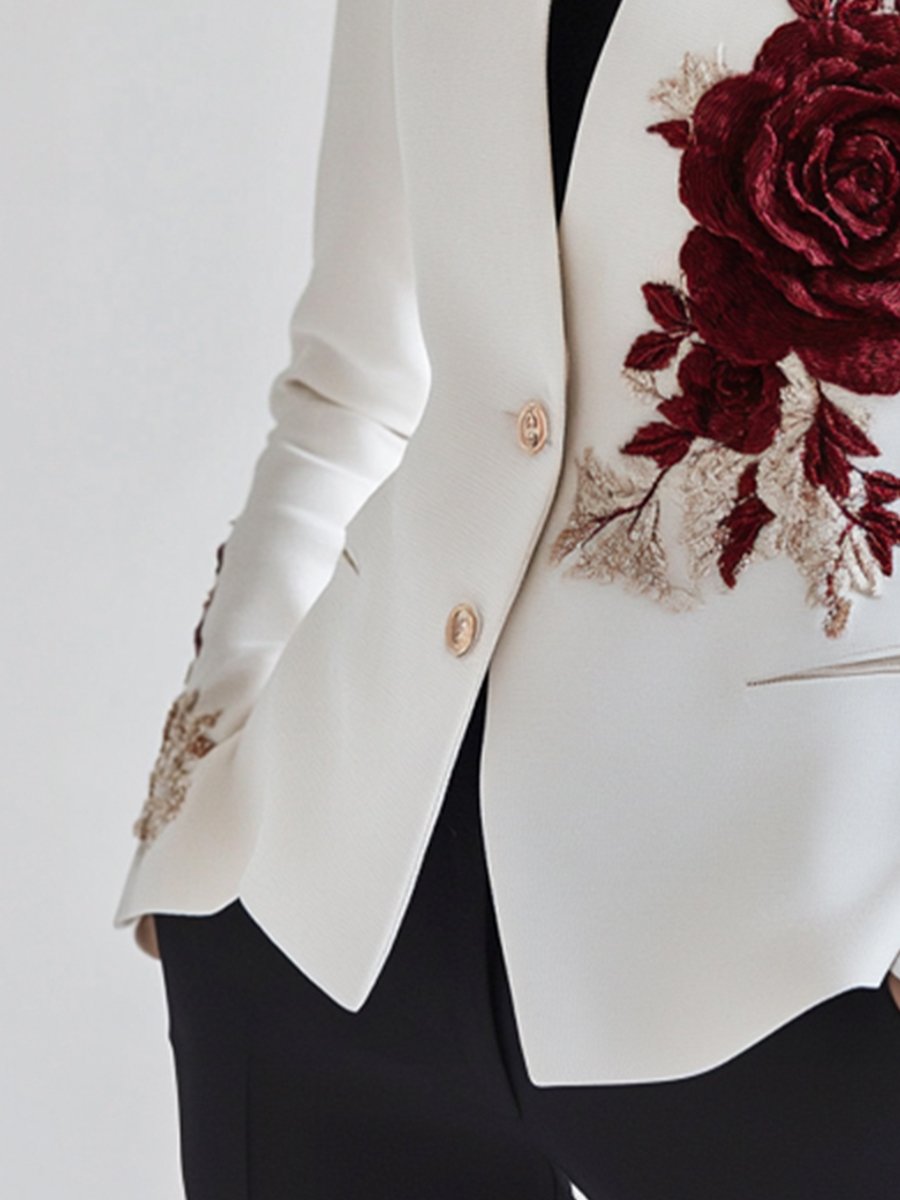 White Red Rose Embroidery Blazer by Unlimited Selections