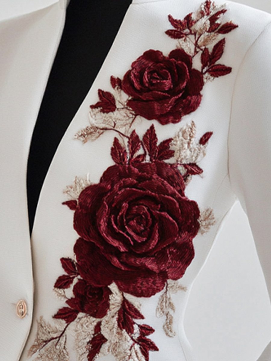 White Red Rose Embroidery Blazer by Unlimited Selections