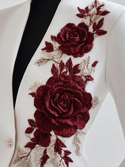 White Red Rose Embroidery Blazer by Unlimited Selections