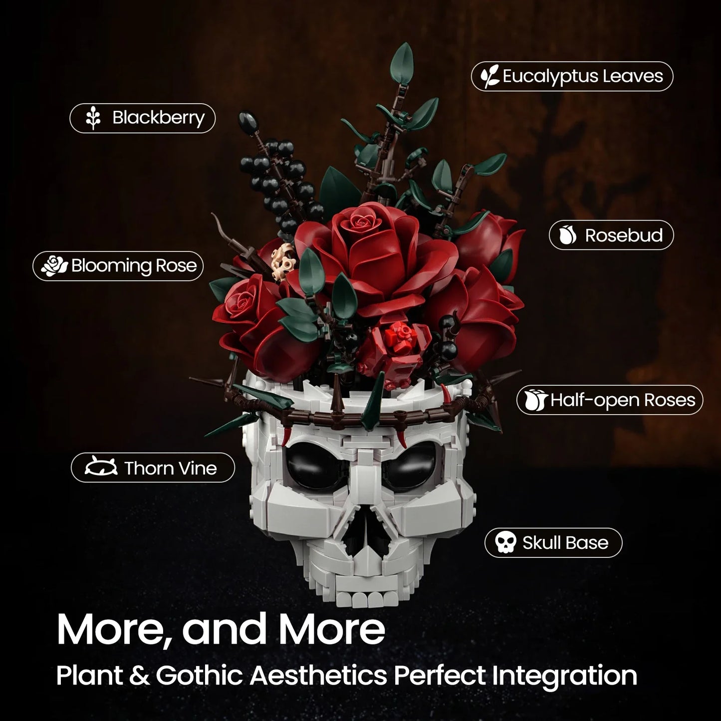 Skull Flowers Building Blocks Set - Gothic Roses Bouquet Toy Skeleton Planter Pot Floral Decor Halloween Gifts