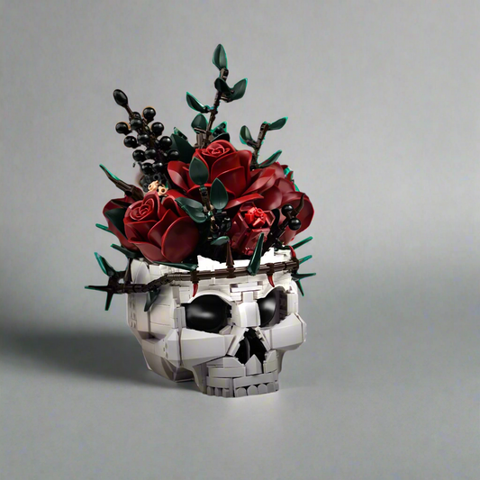 Skull Flowers Building Blocks Set - Gothic Roses Bouquet Toy Skeleton Planter Pot Floral Decor Halloween Gifts