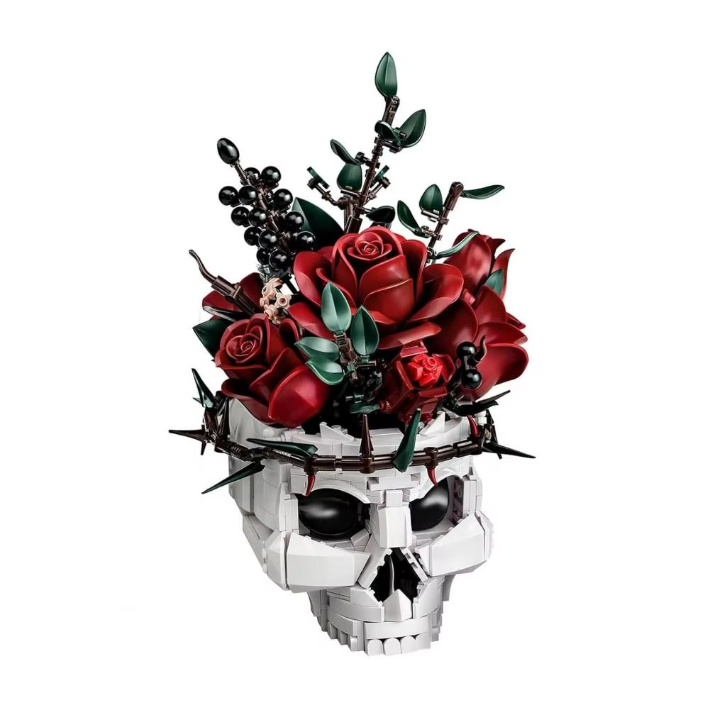 Skull Flowers Building Blocks Set - Gothic Roses Bouquet Toy Skeleton Planter Pot Floral Decor Halloween Gifts