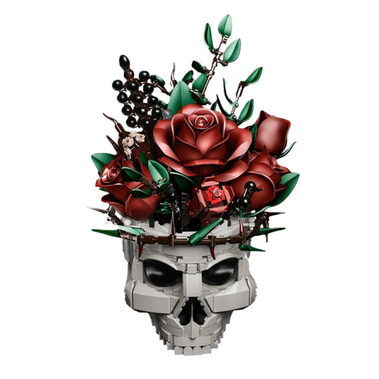 Skull Flowers Building Blocks Set - Gothic Roses Bouquet Toy Skeleton Planter Pot Floral Decor Halloween Gifts