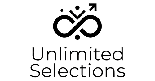 Logo with black infinity symbol and text 'Unlimited Selections' on a white background